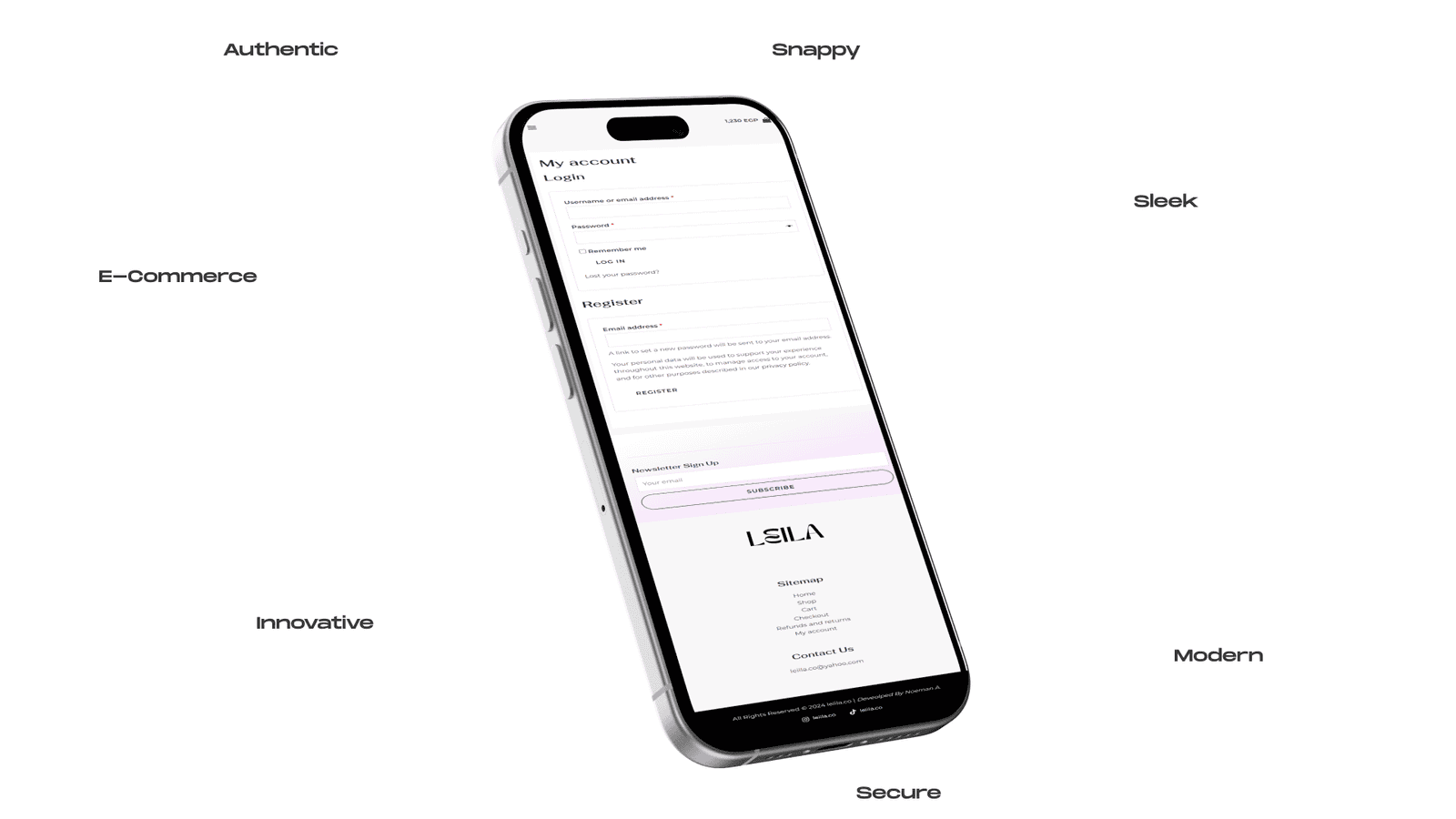 E-commerce website mobile login screen with sleek and modern design, showing secure account access for online shopping, registration, and email subscription features.